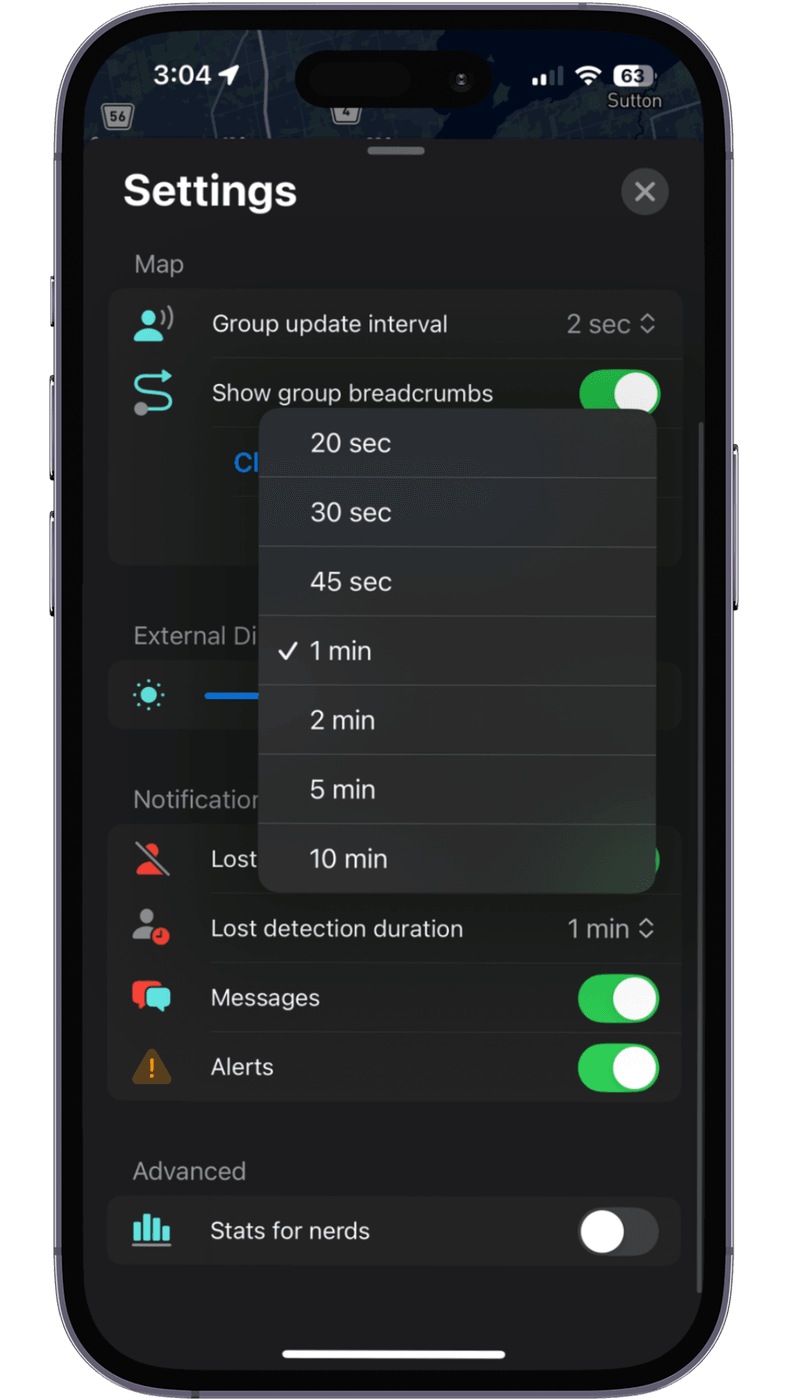 The notification settings with the lost detection duration slider