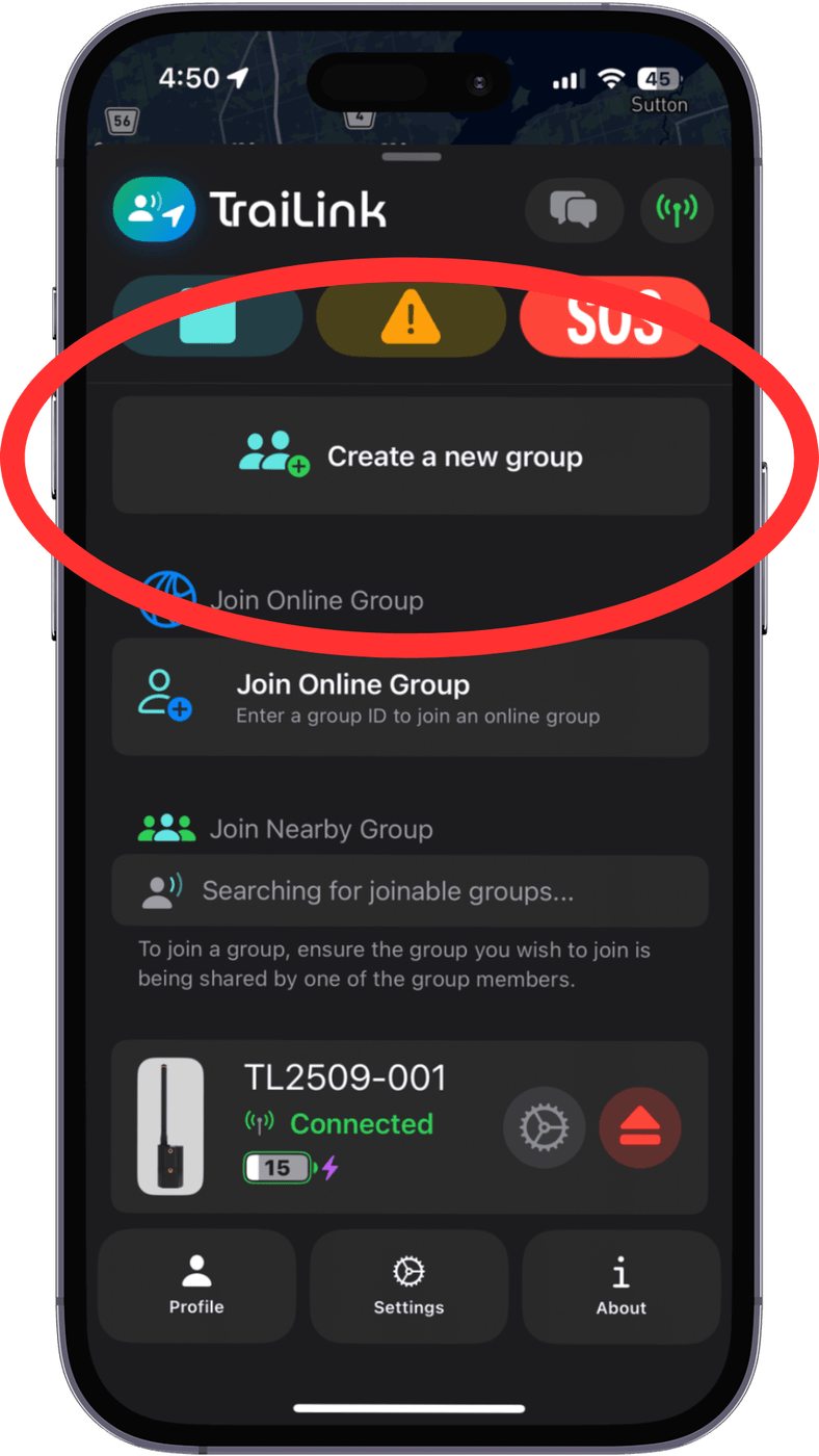 The app menu sheet with the Create a new group button highlighted