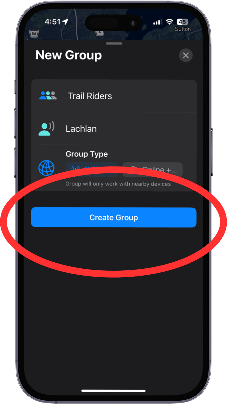 The new group sheet with name field and group type options