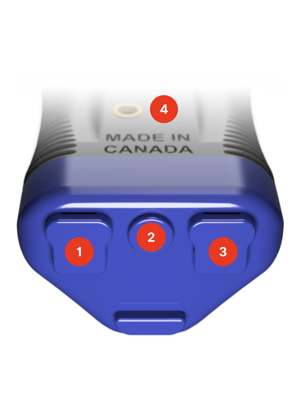 The bottom of the TraiLink Go with the charging port, button, and multifunction port numbered