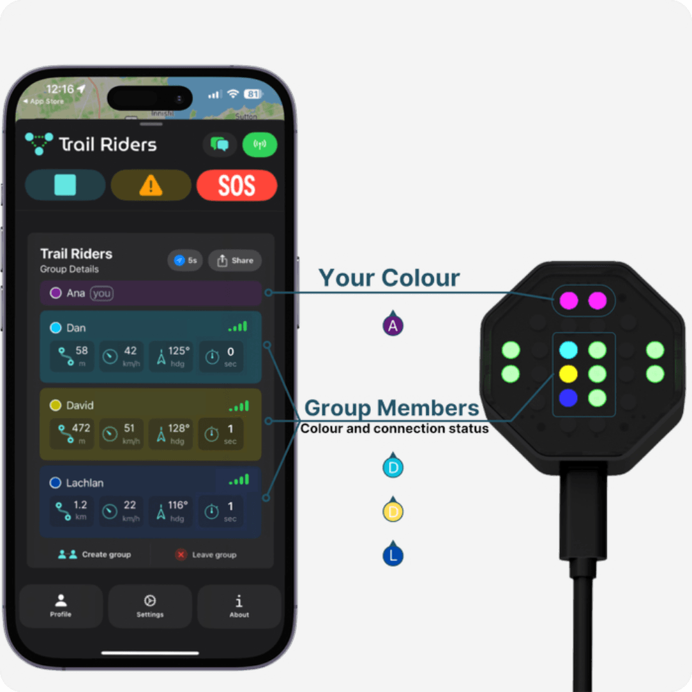 The app group list mapped to the LED Display face: your colour on top, member colour and status pairs below