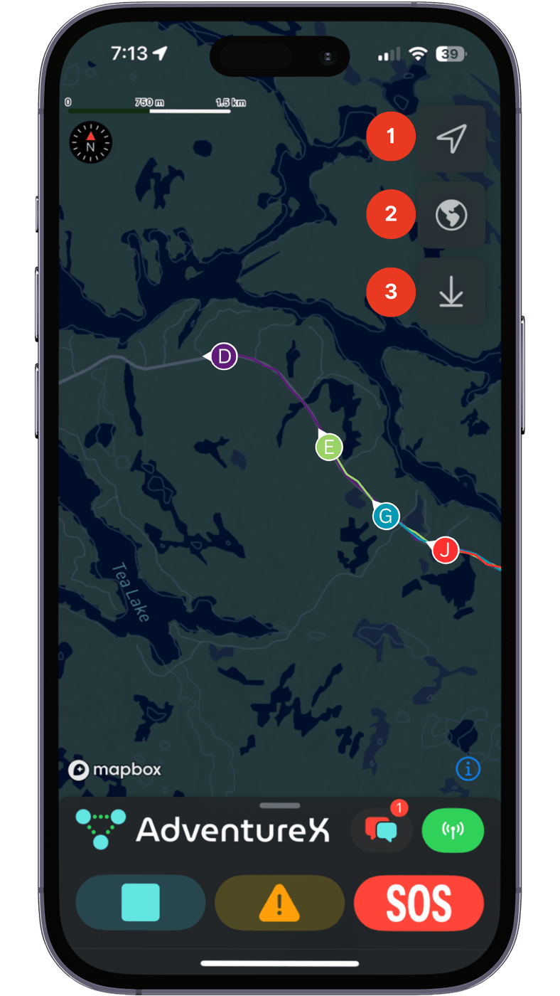 The map with the view orientation, layer toggle, and offline map controls numbered