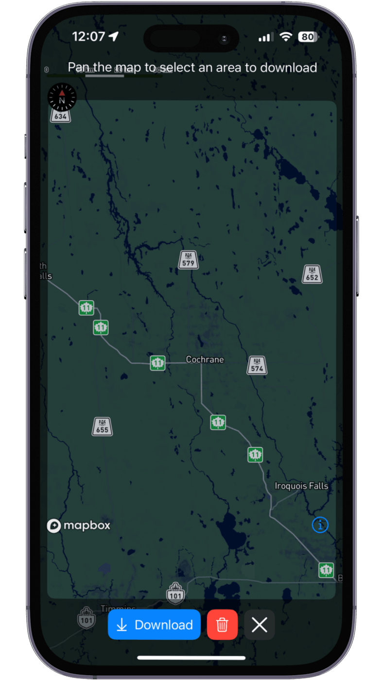 The offline map area selector over a riding area