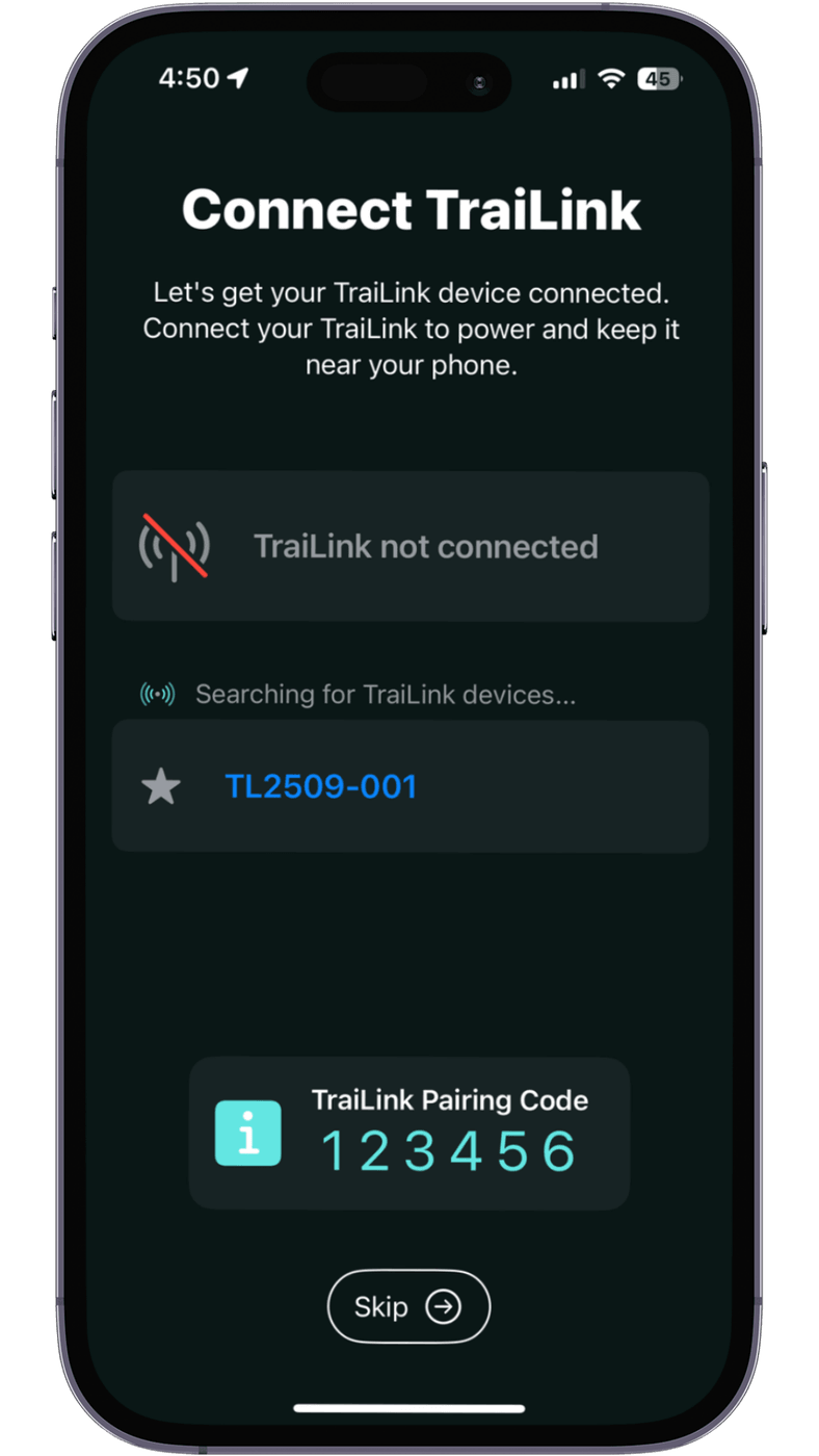 The connect screen listing a discovered TraiLink and the pairing code