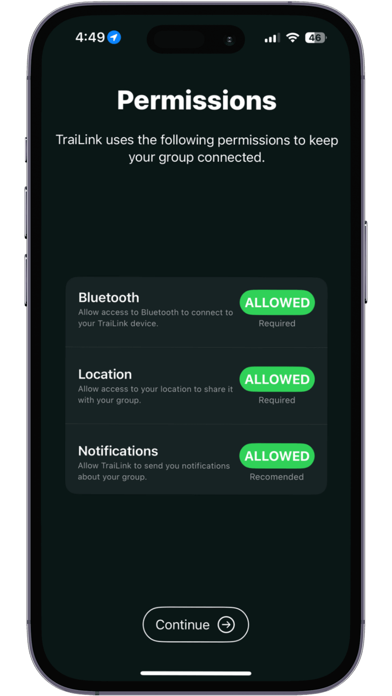 The permissions screen with Bluetooth, location, and notifications allowed