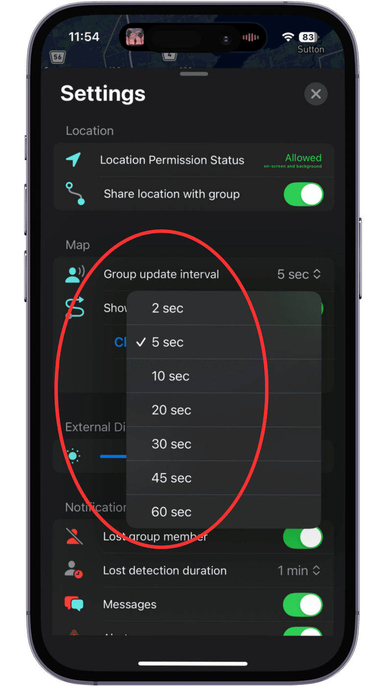 The app settings menu with the update frequency options