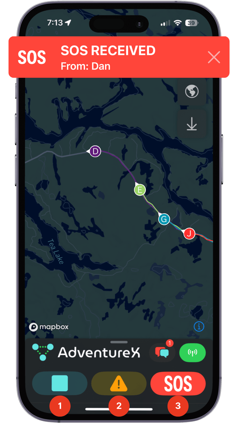 The map with an SOS received banner naming the sender